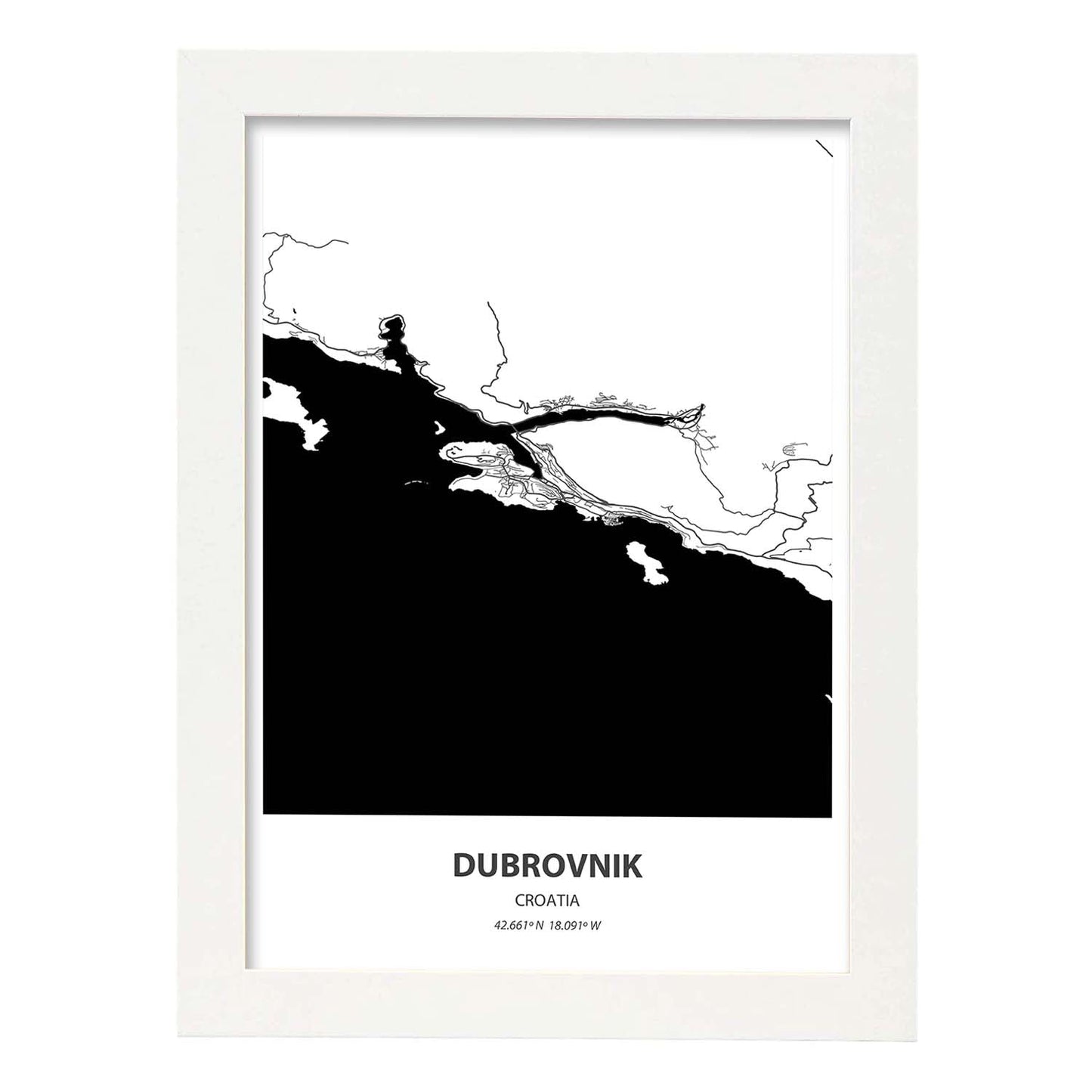 Poster con mapa de Dubrokniv - Croacia. Láminas de ciudades de Europa con mares y ríos en color negro.-Artwork-Nacnic-A3-Marco Blanco-Nacnic Estudio SL