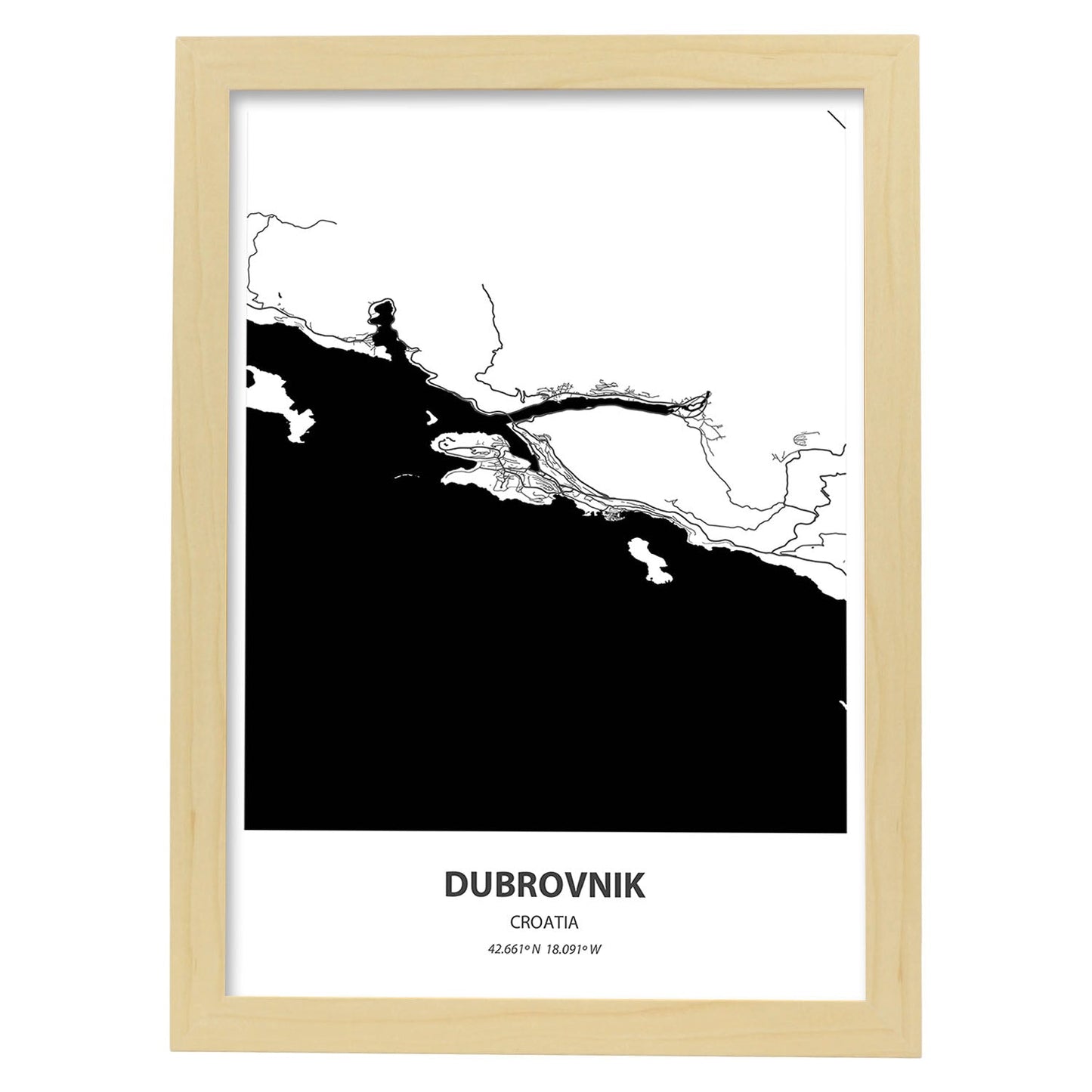 Poster con mapa de Dubrokniv - Croacia. Láminas de ciudades de Europa con mares y ríos en color negro.-Artwork-Nacnic-A3-Marco Madera clara-Nacnic Estudio SL