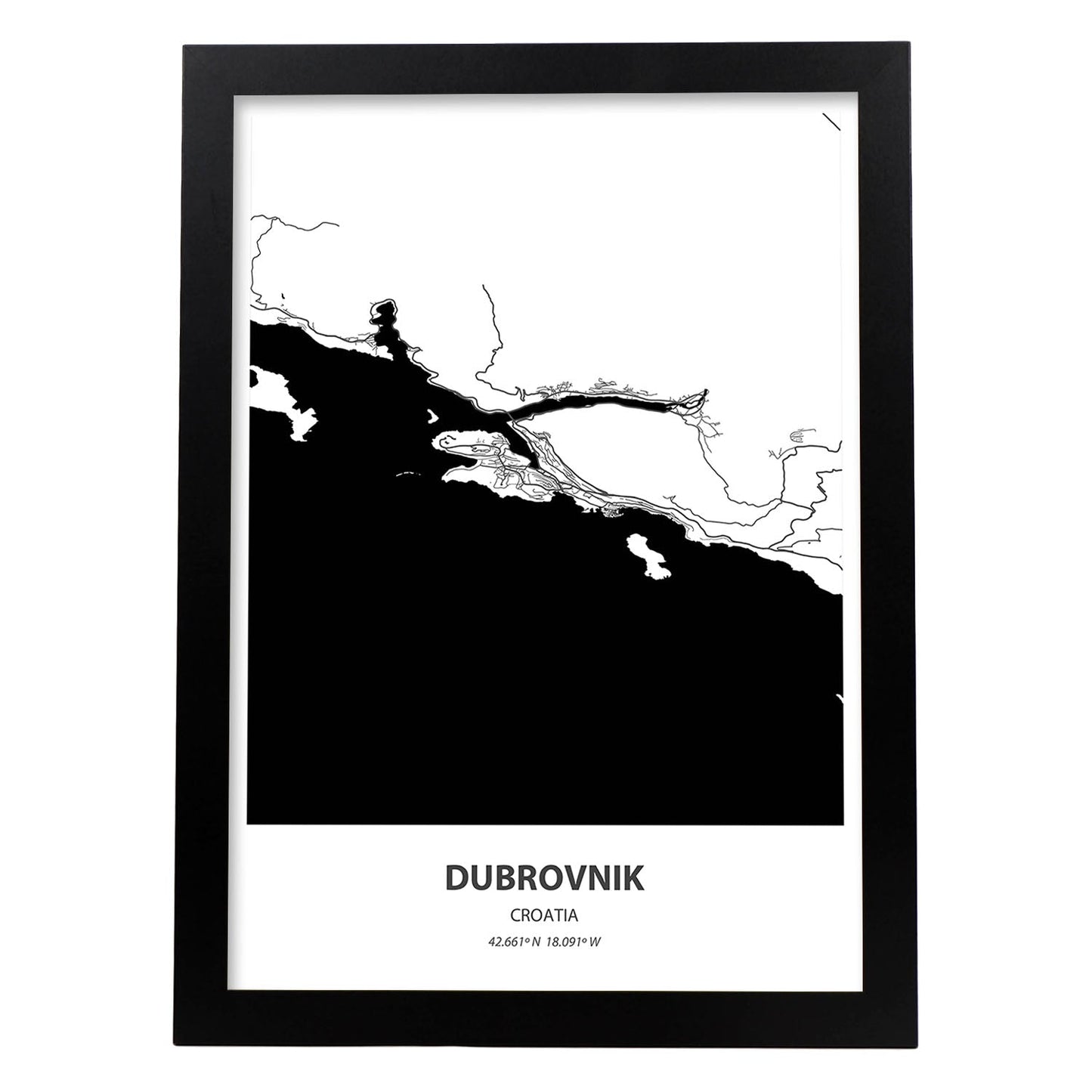 Poster con mapa de Dubrokniv - Croacia. Láminas de ciudades de Europa con mares y ríos en color negro.-Artwork-Nacnic-A3-Marco Negro-Nacnic Estudio SL
