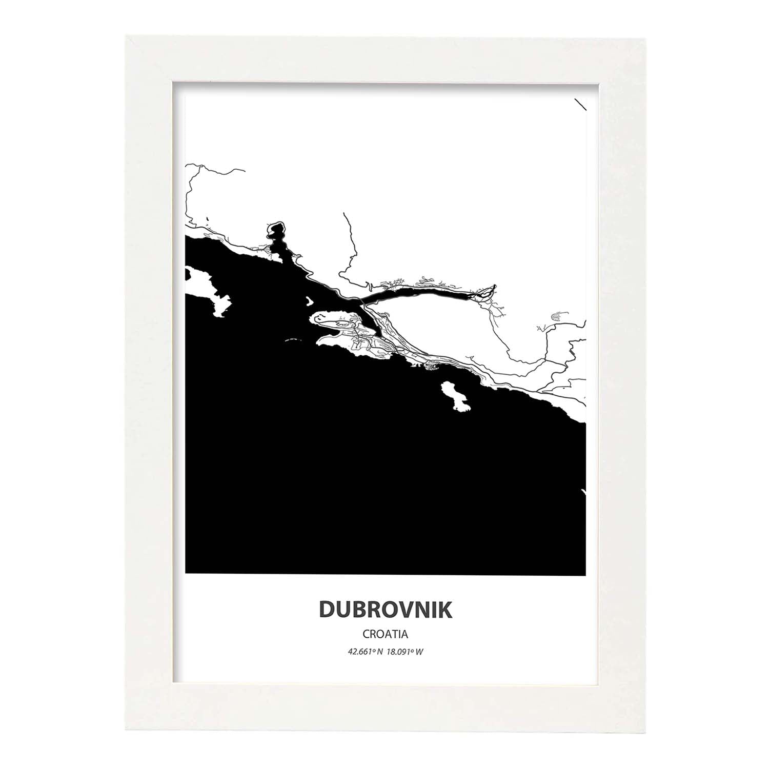 Poster con mapa de Dubrokniv - Croacia. Láminas de ciudades de Europa con mares y ríos en color negro.-Artwork-Nacnic-A4-Marco Blanco-Nacnic Estudio SL