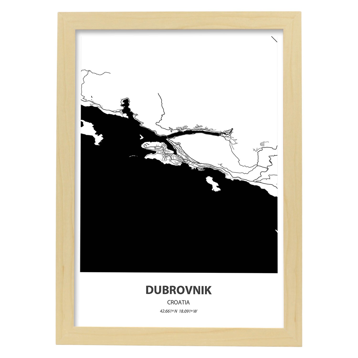 Poster con mapa de Dubrokniv - Croacia. Láminas de ciudades de Europa con mares y ríos en color negro.-Artwork-Nacnic-A4-Marco Madera clara-Nacnic Estudio SL