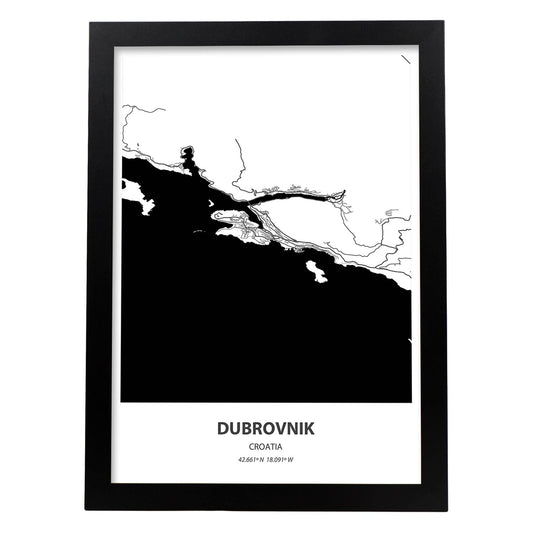 Poster con mapa de Dubrokniv - Croacia. Láminas de ciudades de Europa con mares y ríos en color negro.-Artwork-Nacnic-A4-Marco Negro-Nacnic Estudio SL