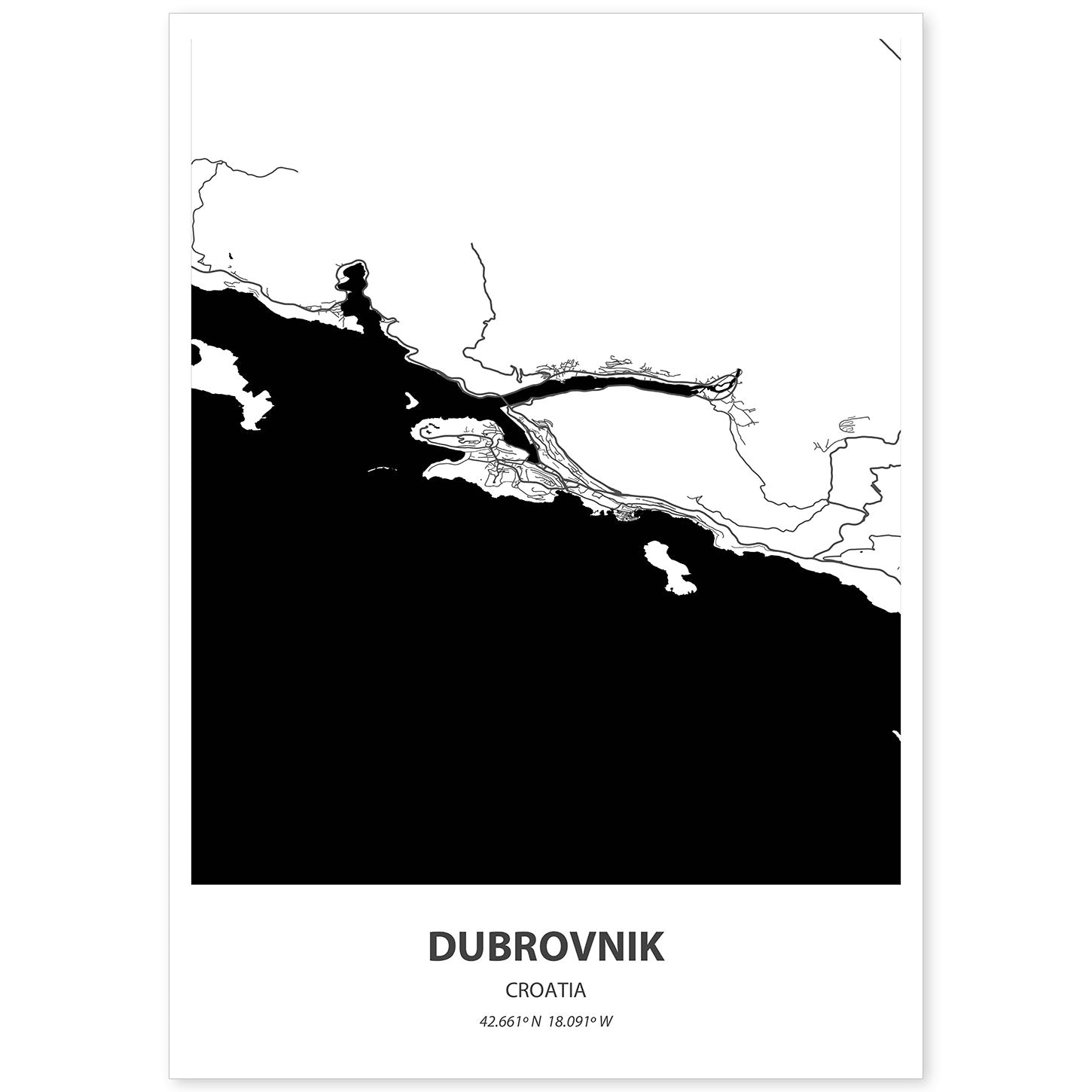 Poster con mapa de Dubrokniv - Croacia. Láminas de ciudades de Europa con mares y ríos en color negro.-Artwork-Nacnic-A4-Sin marco-Nacnic Estudio SL