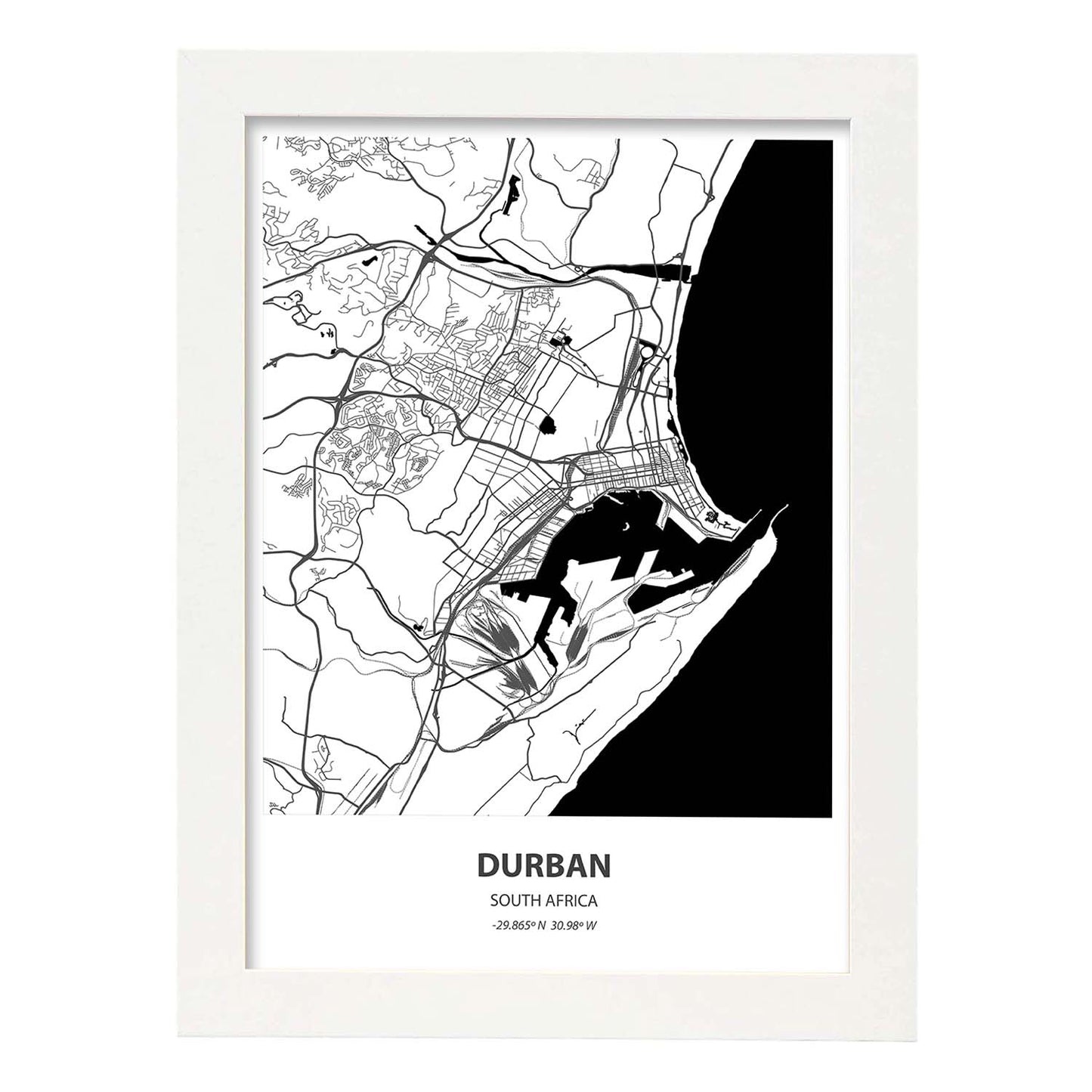 Poster con mapa de Durban - Sudáfrica. Láminas de ciudades de África con mares y ríos en color negro.-Artwork-Nacnic-A3-Marco Blanco-Nacnic Estudio SL