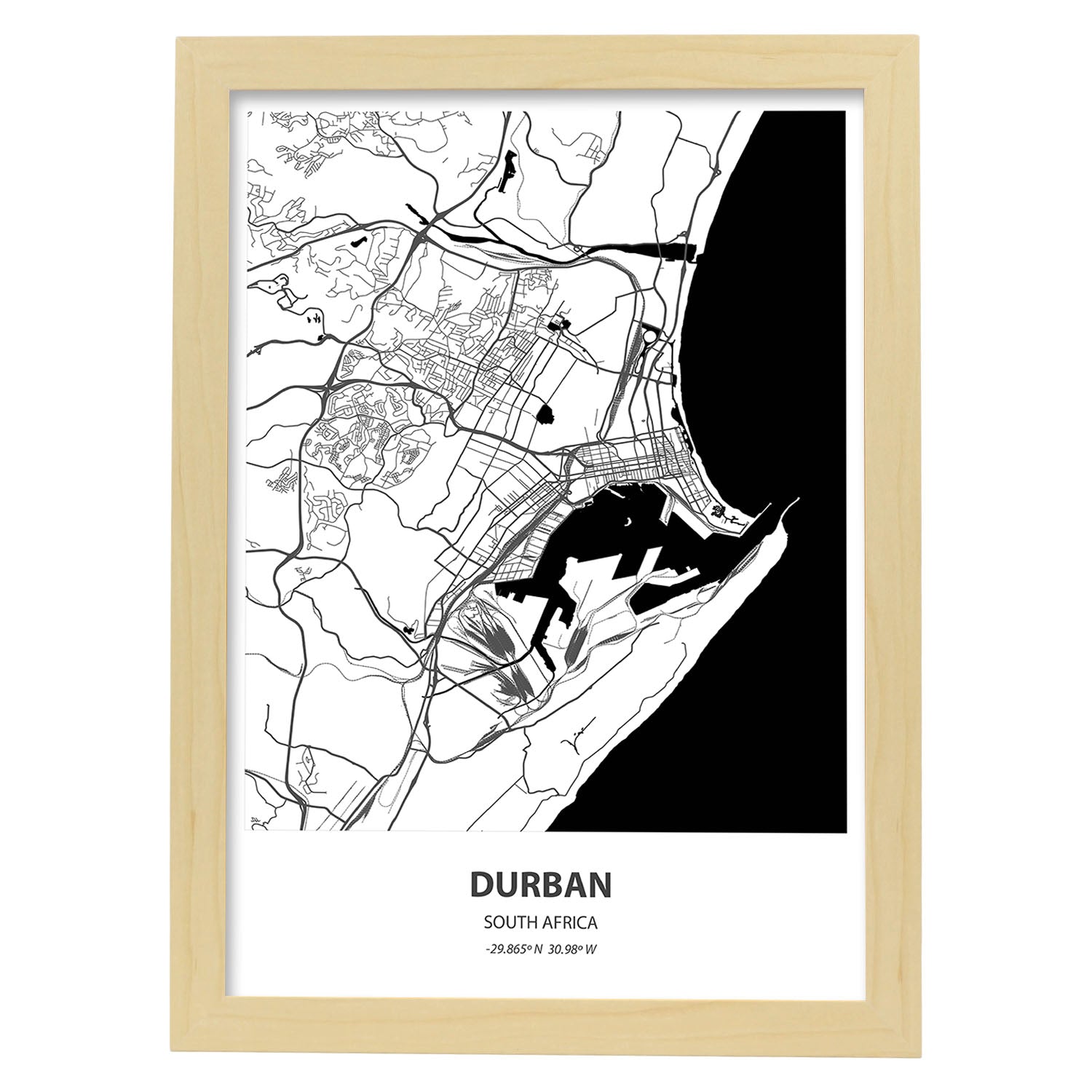 Poster con mapa de Durban - Sudáfrica. Láminas de ciudades de África con mares y ríos en color negro.-Artwork-Nacnic-A3-Marco Madera clara-Nacnic Estudio SL
