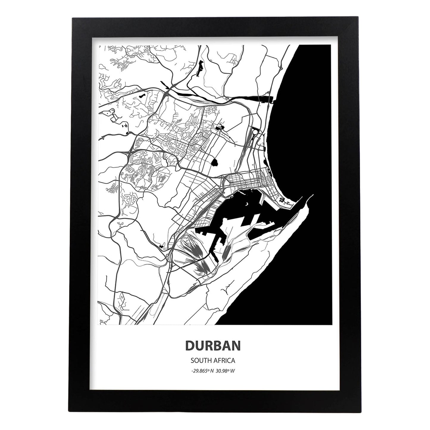 Poster con mapa de Durban - Sudáfrica. Láminas de ciudades de África con mares y ríos en color negro.-Artwork-Nacnic-A3-Marco Negro-Nacnic Estudio SL