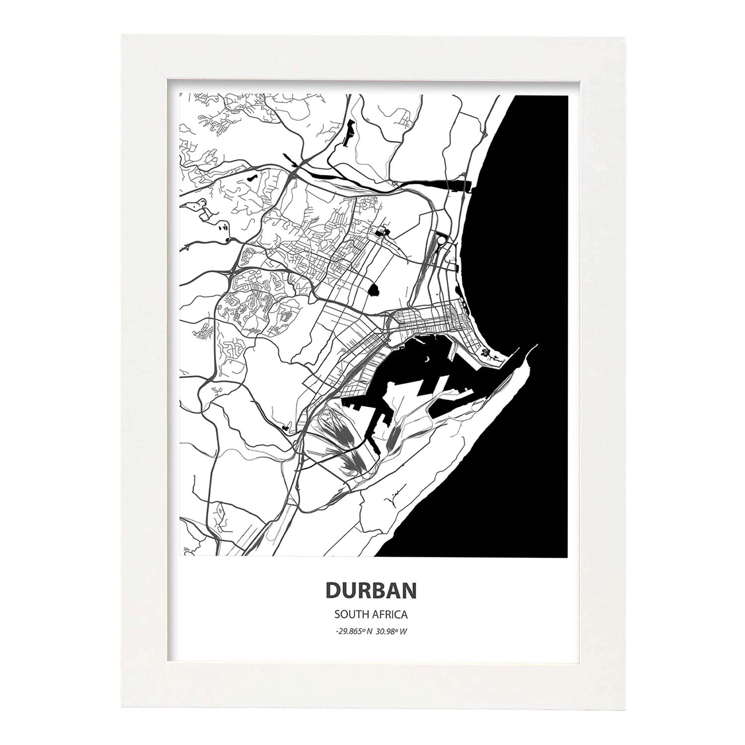 Poster con mapa de Durban - Sudáfrica. Láminas de ciudades de África con mares y ríos en color negro.-Artwork-Nacnic-A4-Marco Blanco-Nacnic Estudio SL