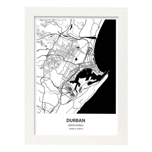 Poster con mapa de Durban - Sudáfrica. Láminas de ciudades de África con mares y ríos en color negro.-Artwork-Nacnic-A4-Marco Blanco-Nacnic Estudio SL