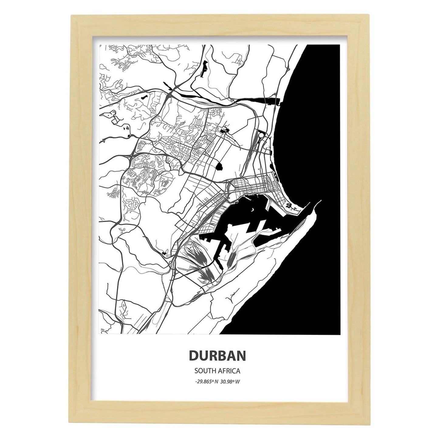 Poster con mapa de Durban - Sudáfrica. Láminas de ciudades de África con mares y ríos en color negro.-Artwork-Nacnic-A4-Marco Madera clara-Nacnic Estudio SL