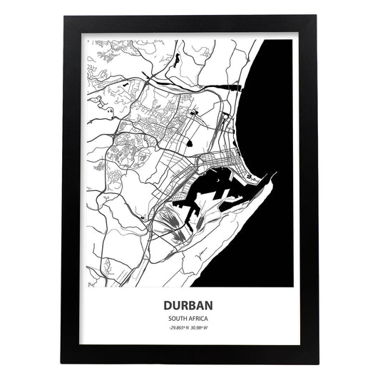 Poster con mapa de Durban - Sudáfrica. Láminas de ciudades de África con mares y ríos en color negro.-Artwork-Nacnic-A4-Marco Negro-Nacnic Estudio SL