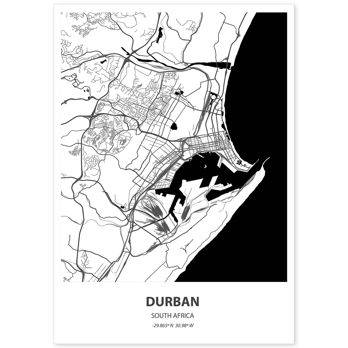 Poster con mapa de Durban - Sudáfrica. Láminas de ciudades de África con mares y ríos en color negro.-Artwork-Nacnic-A4-Sin marco-Nacnic Estudio SL