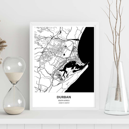 Poster con mapa de Durban - Sudáfrica. Láminas de ciudades de África con mares y ríos en color negro.-Artwork-Nacnic-Nacnic Estudio SL