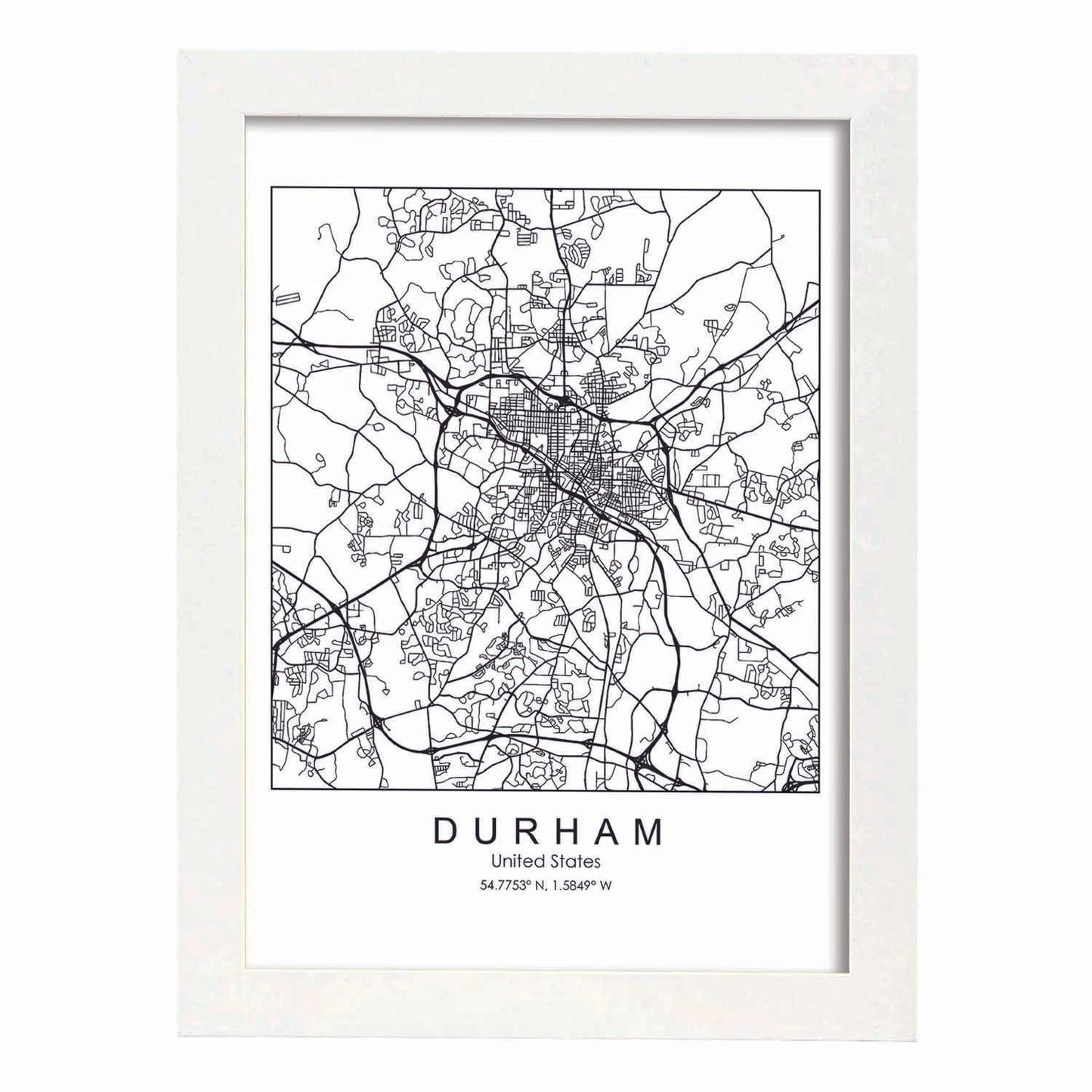 Poster con mapa de Durham. Lámina de Estados Unidos, con imágenes de mapas y carreteras-Artwork-Nacnic-A3-Marco Blanco-Nacnic Estudio SL