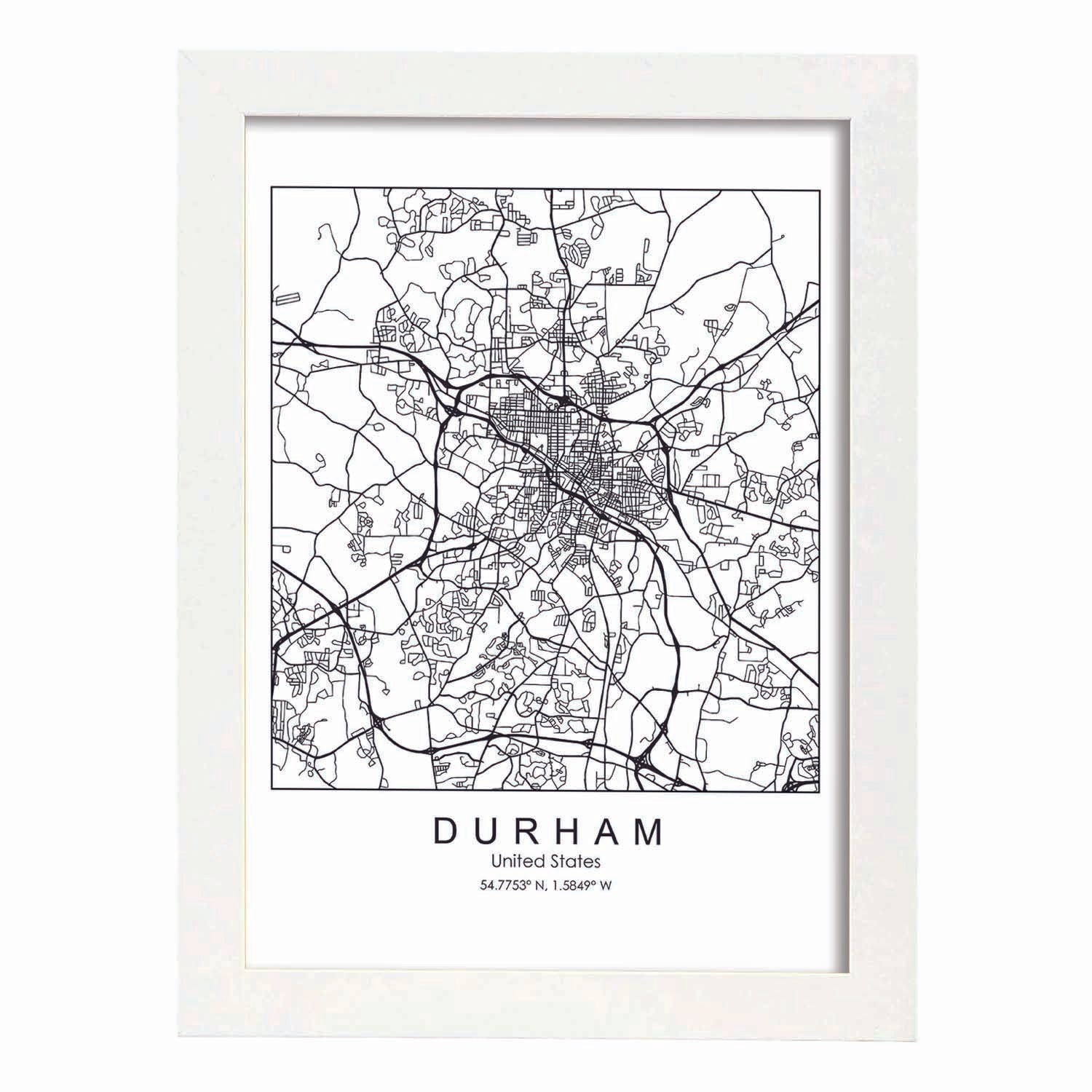 Poster con mapa de Durham. Lámina de Estados Unidos, con imágenes de mapas y carreteras-Artwork-Nacnic-A3-Marco Blanco-Nacnic Estudio SL