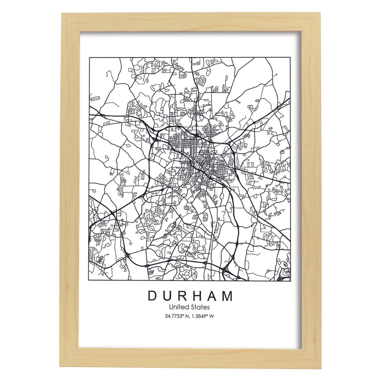 Poster con mapa de Durham. Lámina de Estados Unidos, con imágenes de mapas y carreteras-Artwork-Nacnic-A3-Marco Madera clara-Nacnic Estudio SL