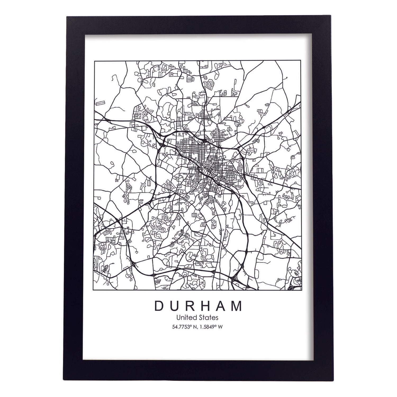 Poster con mapa de Durham. Lámina de Estados Unidos, con imágenes de mapas y carreteras-Artwork-Nacnic-A3-Marco Negro-Nacnic Estudio SL