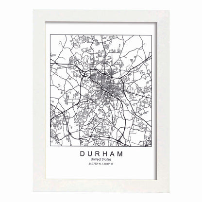 Poster con mapa de Durham. Lámina de Estados Unidos, con imágenes de mapas y carreteras-Artwork-Nacnic-A4-Marco Blanco-Nacnic Estudio SL