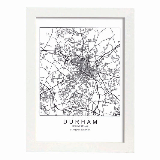 Poster con mapa de Durham. Lámina de Estados Unidos, con imágenes de mapas y carreteras-Artwork-Nacnic-A4-Marco Blanco-Nacnic Estudio SL