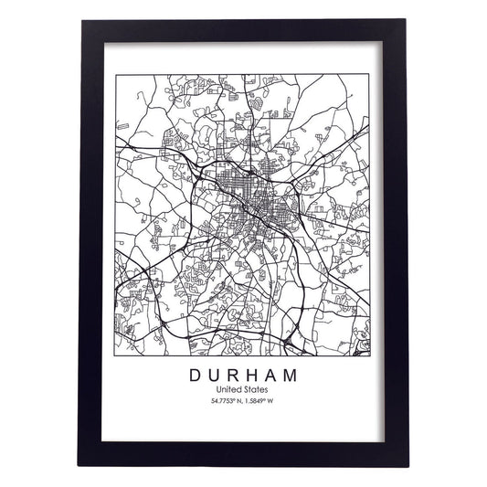 Poster con mapa de Durham. Lámina de Estados Unidos, con imágenes de mapas y carreteras-Artwork-Nacnic-A4-Marco Negro-Nacnic Estudio SL