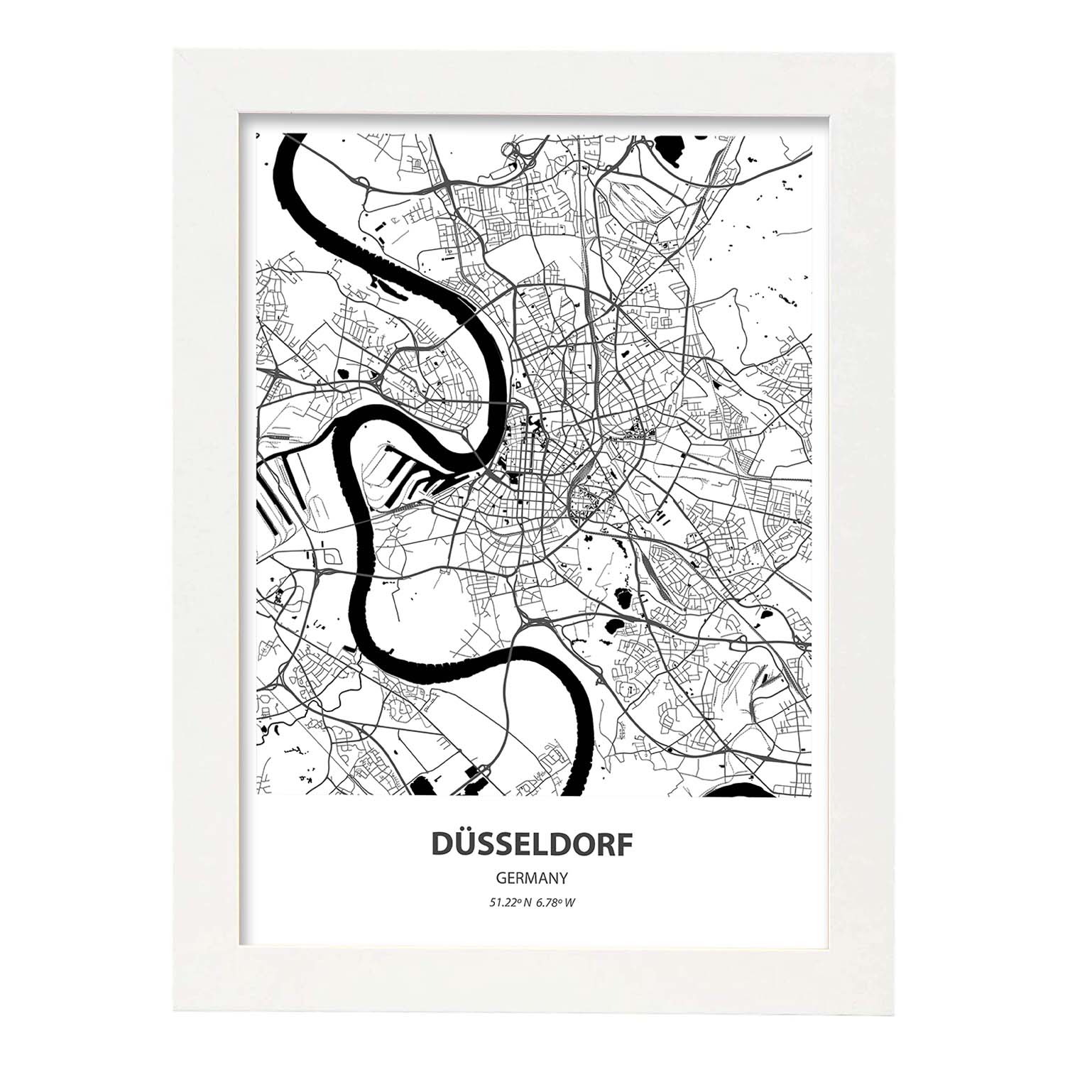 Poster con mapa de Dusseldorf - Alemania. Láminas de ciudades de Alemania con mares y ríos en color negro.-Artwork-Nacnic-A3-Marco Blanco-Nacnic Estudio SL