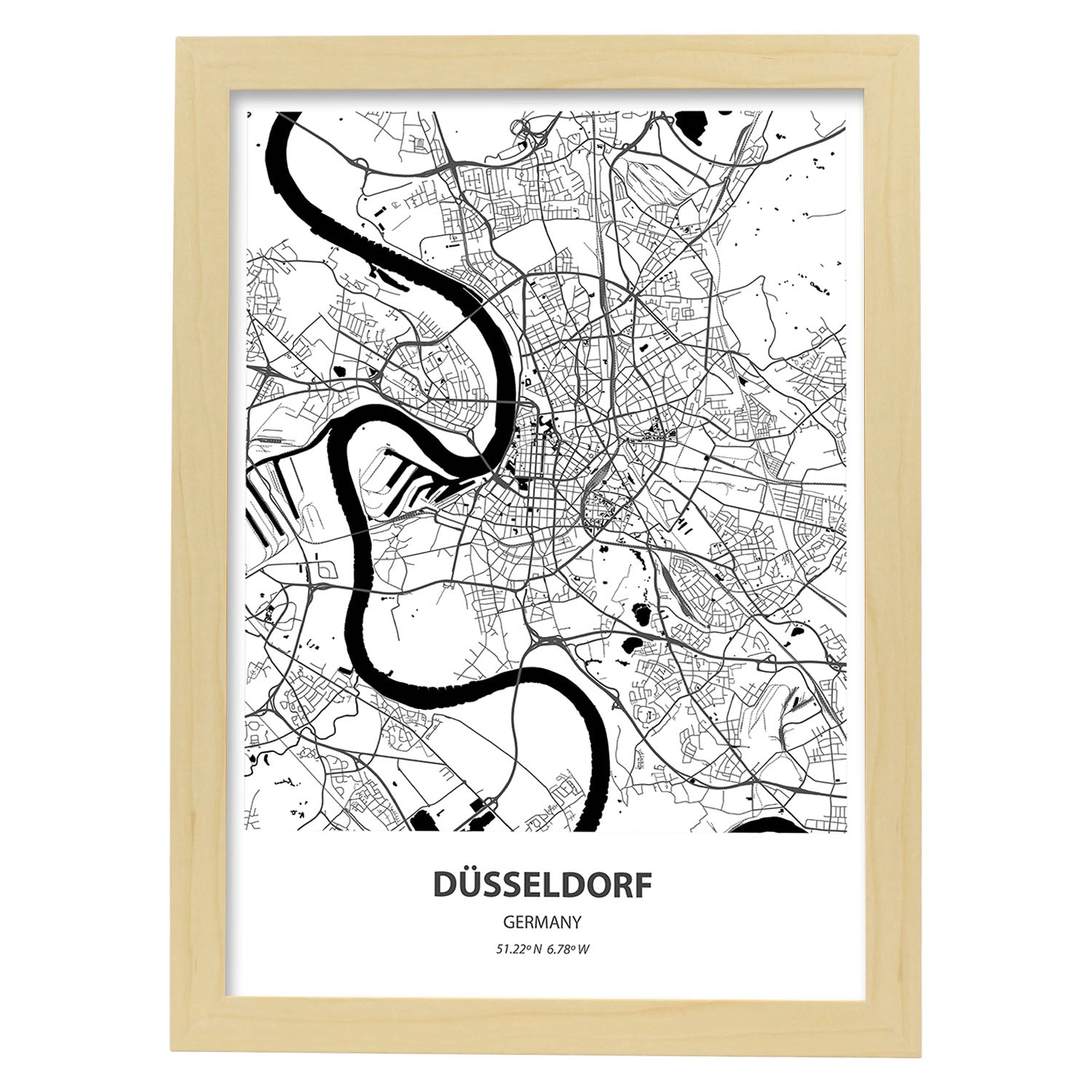 Poster con mapa de Dusseldorf - Alemania. Láminas de ciudades de Alemania con mares y ríos en color negro.-Artwork-Nacnic-A3-Marco Madera clara-Nacnic Estudio SL