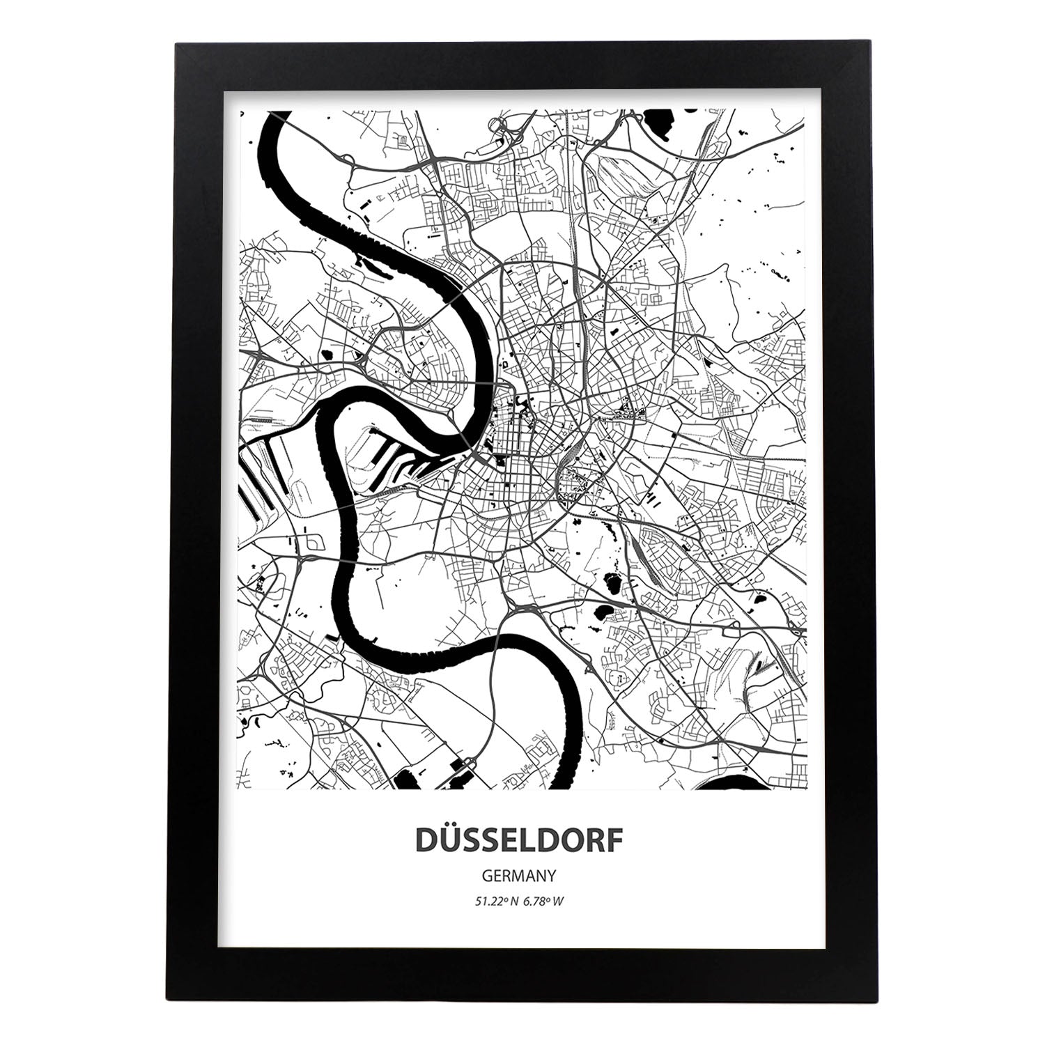 Poster con mapa de Dusseldorf - Alemania. Láminas de ciudades de Alemania con mares y ríos en color negro.-Artwork-Nacnic-A3-Marco Negro-Nacnic Estudio SL