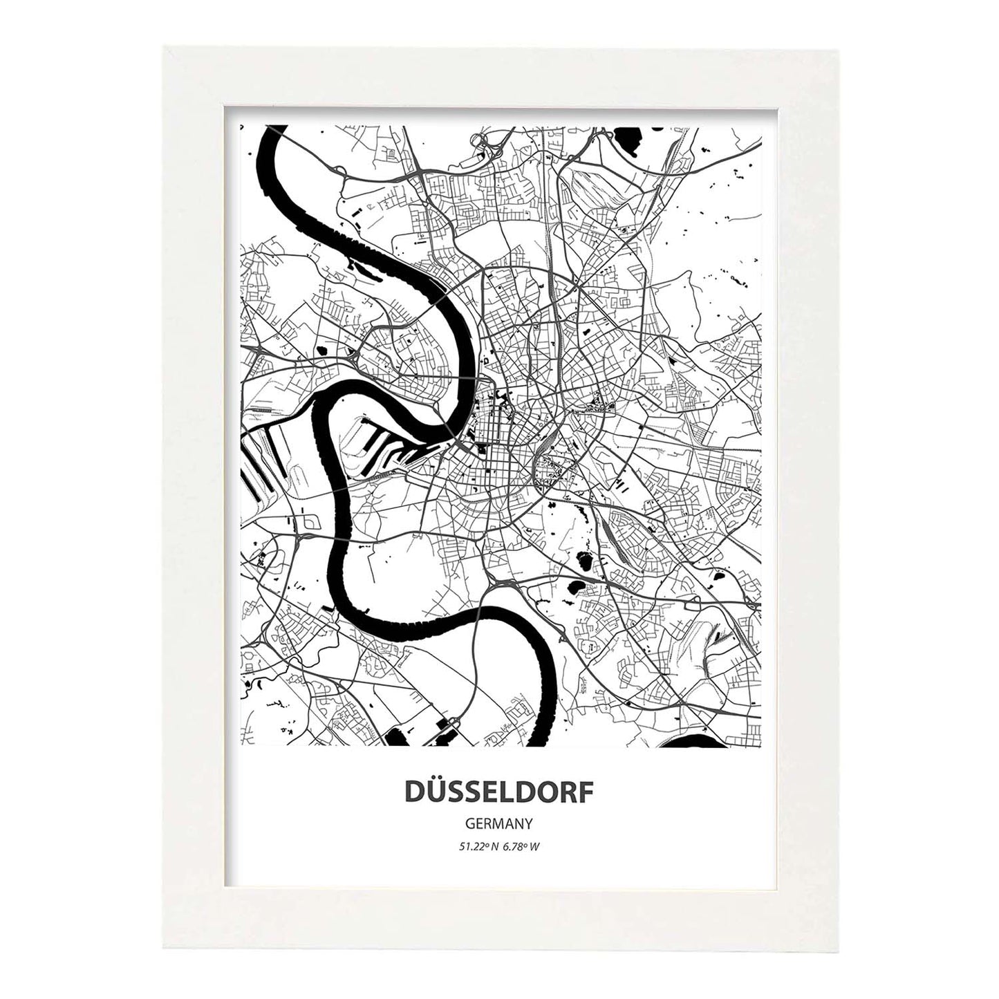 Poster con mapa de Dusseldorf - Alemania. Láminas de ciudades de Alemania con mares y ríos en color negro.-Artwork-Nacnic-A4-Marco Blanco-Nacnic Estudio SL