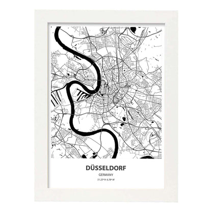 Poster con mapa de Dusseldorf - Alemania. Láminas de ciudades de Alemania con mares y ríos en color negro.-Artwork-Nacnic-A4-Marco Blanco-Nacnic Estudio SL