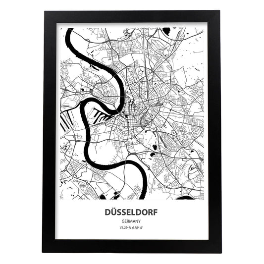 Poster con mapa de Dusseldorf - Alemania. Láminas de ciudades de Alemania con mares y ríos en color negro.-Artwork-Nacnic-A4-Marco Negro-Nacnic Estudio SL