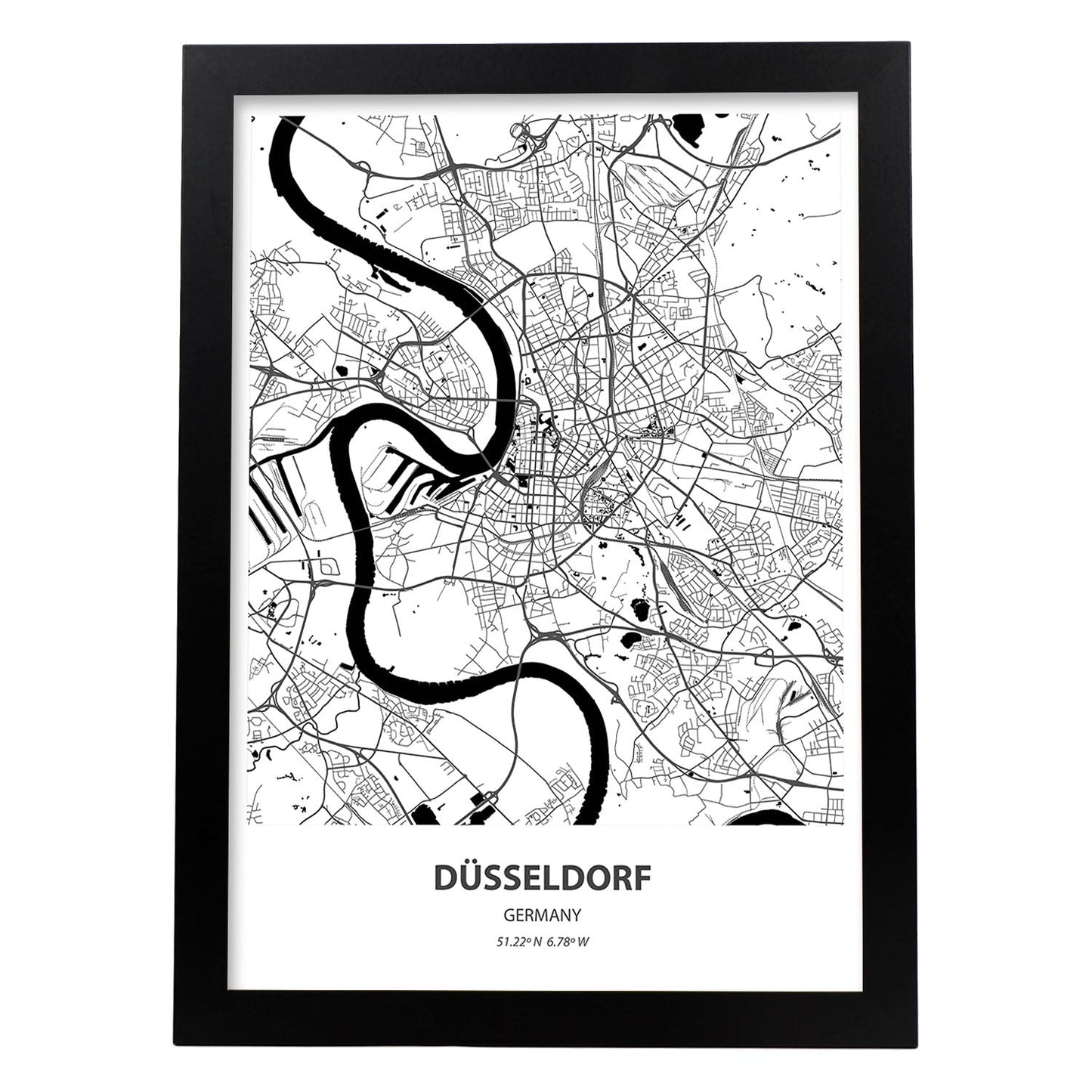 Poster con mapa de Dusseldorf - Alemania. Láminas de ciudades de Alemania con mares y ríos en color negro.-Artwork-Nacnic-A4-Marco Negro-Nacnic Estudio SL