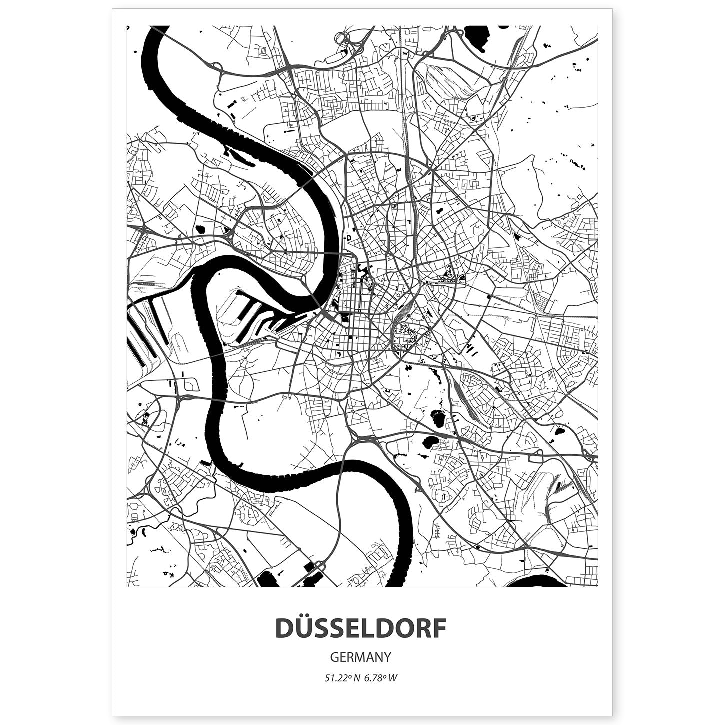 Poster con mapa de Dusseldorf - Alemania. Láminas de ciudades de Alemania con mares y ríos en color negro.-Artwork-Nacnic-A4-Sin marco-Nacnic Estudio SL