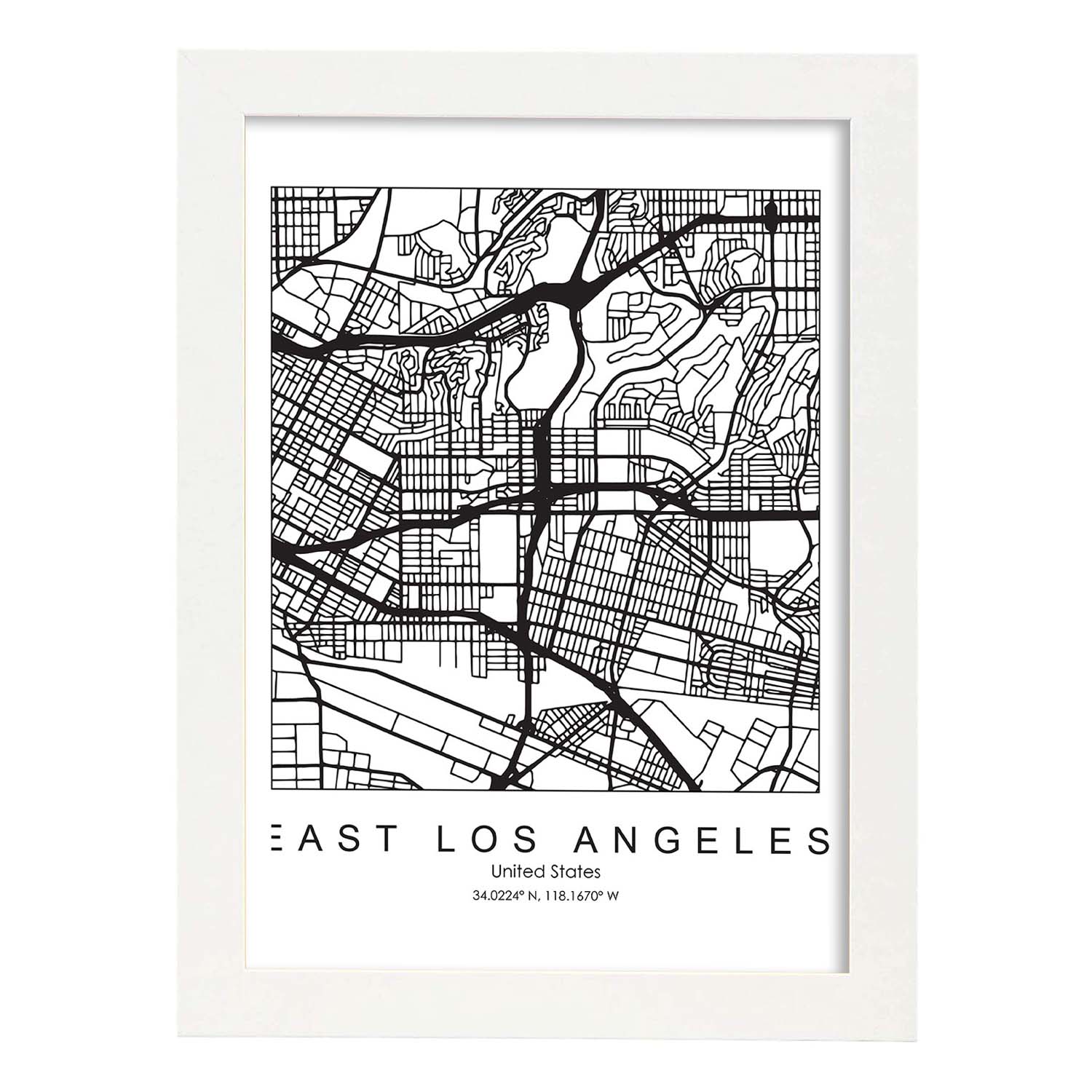 Poster con mapa de East Los Angeles. Lámina de Estados Unidos, con imágenes de mapas y carreteras-Artwork-Nacnic-A3-Marco Blanco-Nacnic Estudio SL