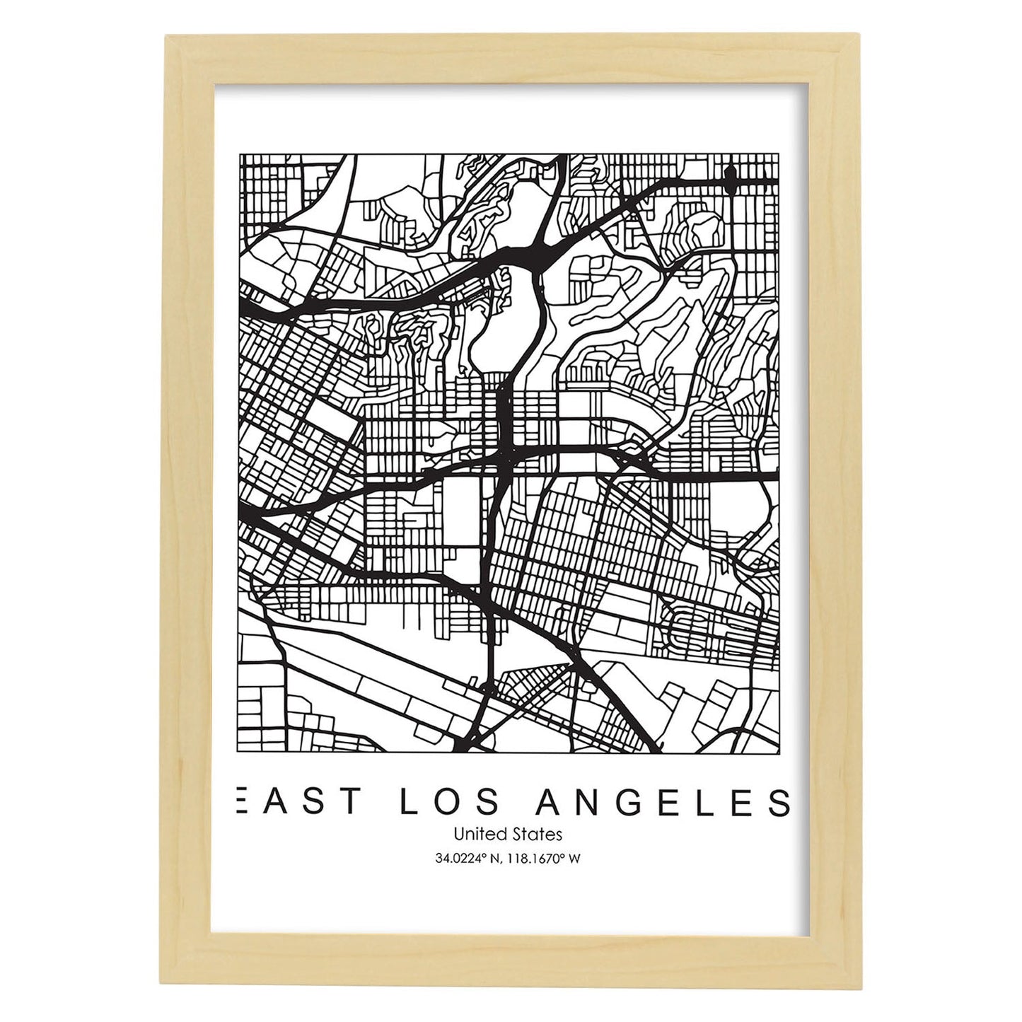 Poster con mapa de East Los Angeles. Lámina de Estados Unidos, con imágenes de mapas y carreteras-Artwork-Nacnic-A3-Marco Madera clara-Nacnic Estudio SL