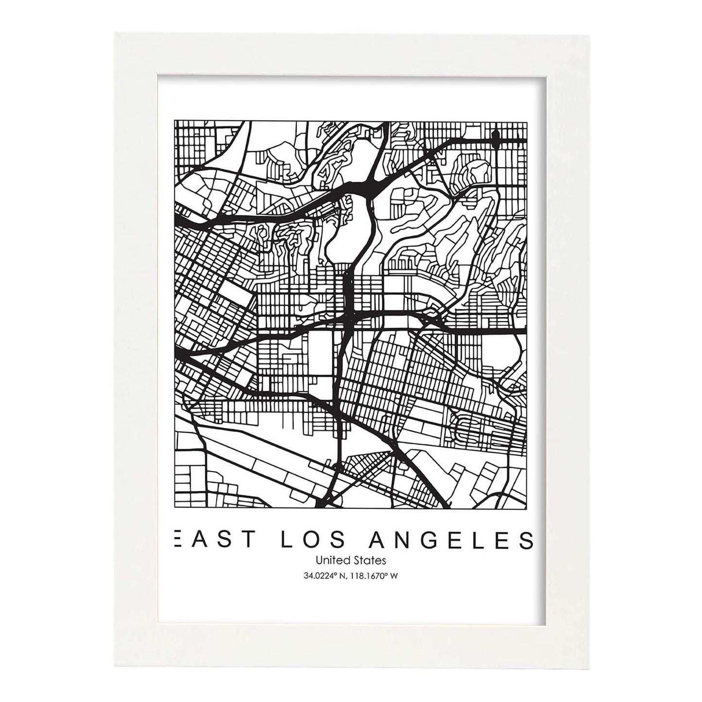 Poster con mapa de East Los Angeles. Lámina de Estados Unidos, con imágenes de mapas y carreteras-Artwork-Nacnic-A4-Marco Blanco-Nacnic Estudio SL