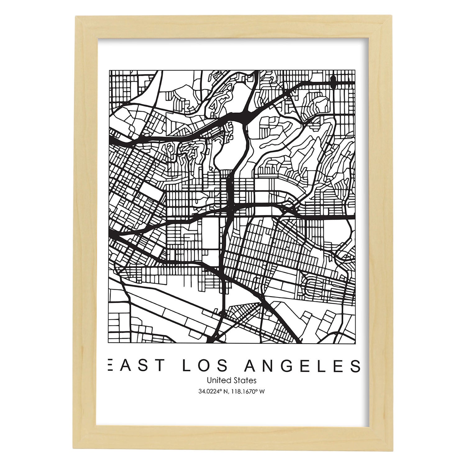 Poster con mapa de East Los Angeles. Lámina de Estados Unidos, con imágenes de mapas y carreteras-Artwork-Nacnic-A4-Marco Madera clara-Nacnic Estudio SL