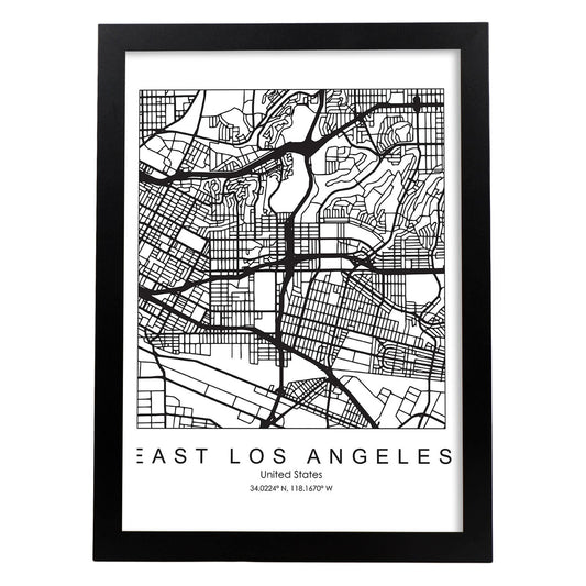 Poster con mapa de East Los Angeles. Lámina de Estados Unidos, con imágenes de mapas y carreteras-Artwork-Nacnic-A4-Marco Negro-Nacnic Estudio SL