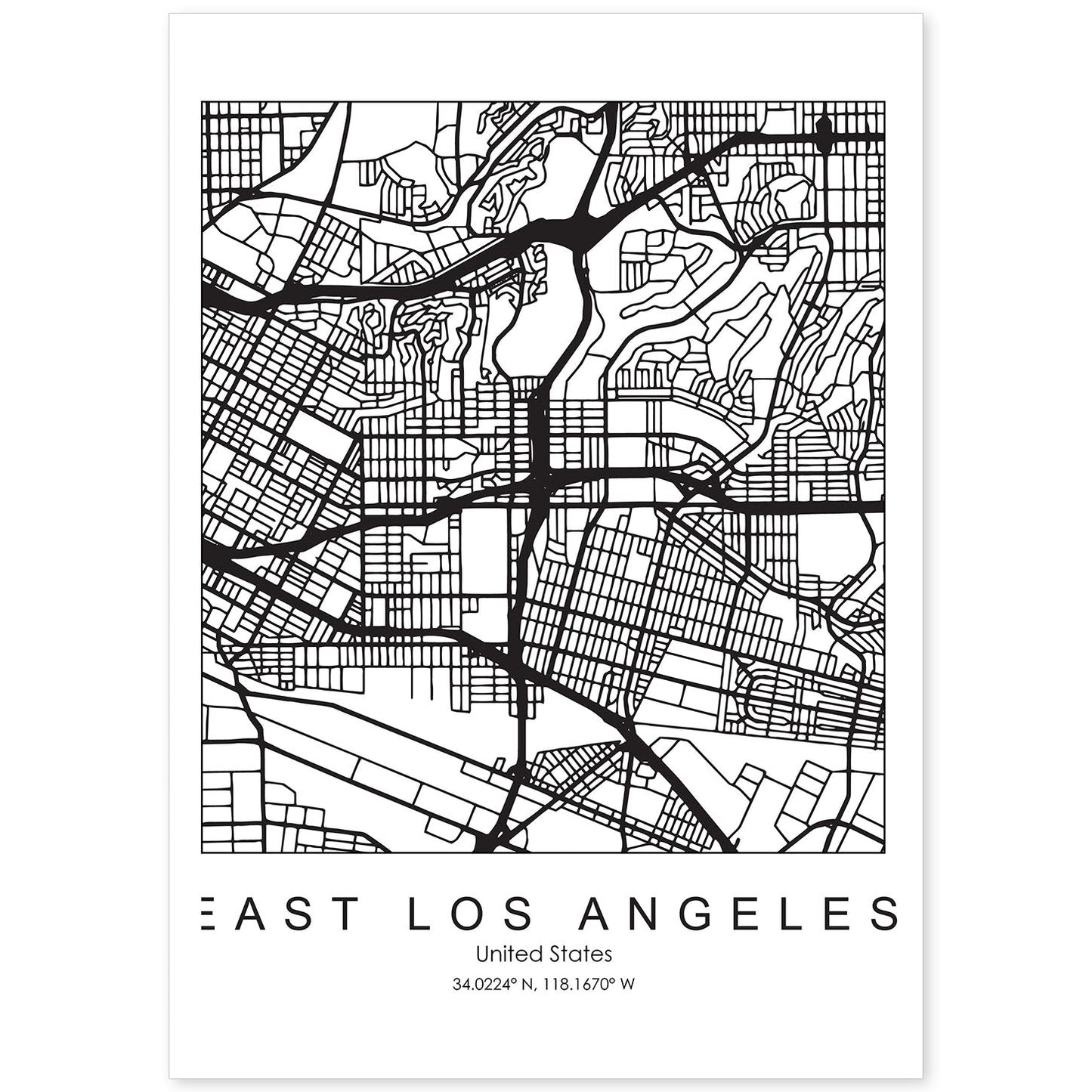 Poster con mapa de East Los Angeles. Lámina de Estados Unidos, con imágenes de mapas y carreteras-Artwork-Nacnic-A4-Sin marco-Nacnic Estudio SL