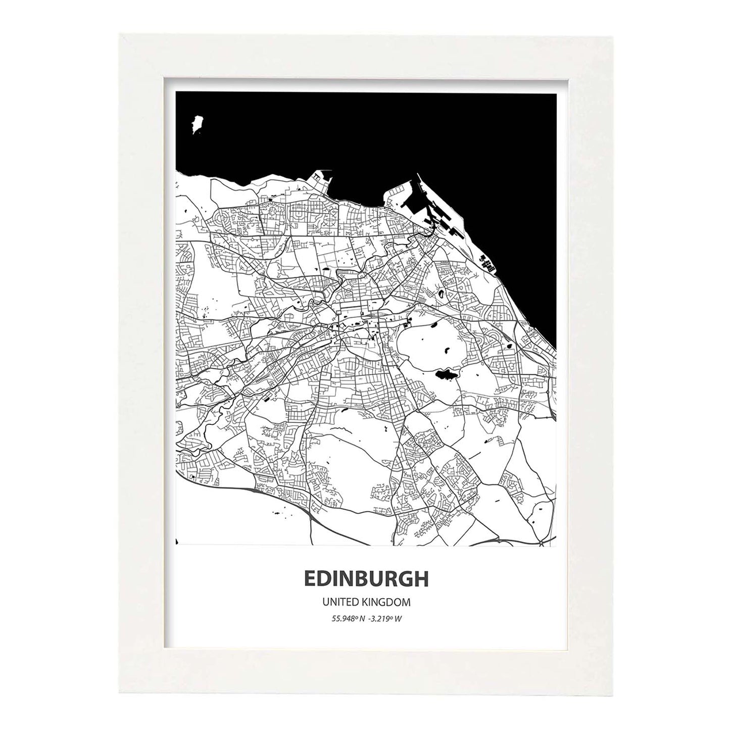 Poster con mapa de Edinburgh - Reino Unido. Láminas de ciudades de Reino Unido con mares y ríos en color negro.-Artwork-Nacnic-A3-Marco Blanco-Nacnic Estudio SL