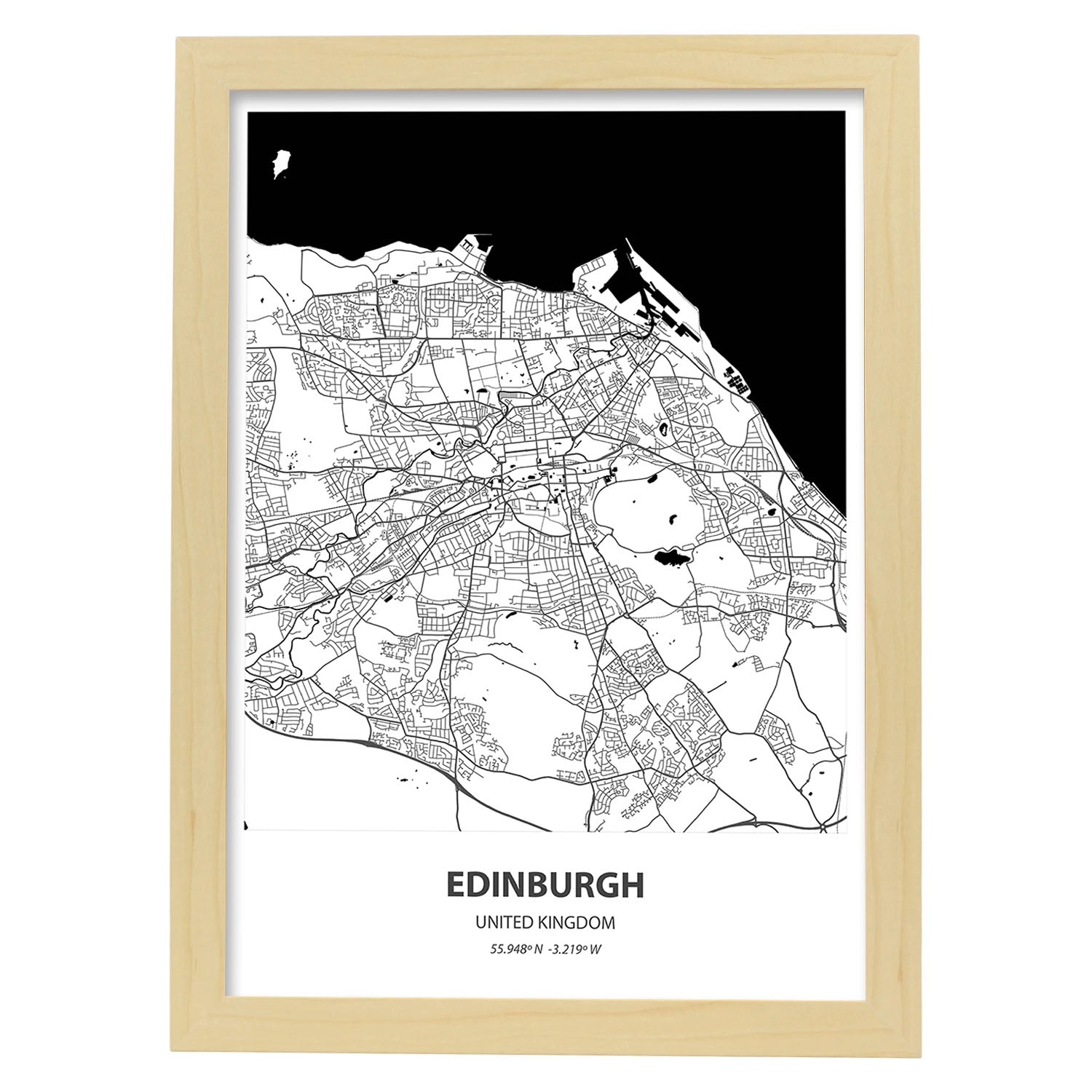 Poster con mapa de Edinburgh - Reino Unido. Láminas de ciudades de Reino Unido con mares y ríos en color negro.-Artwork-Nacnic-A3-Marco Madera clara-Nacnic Estudio SL