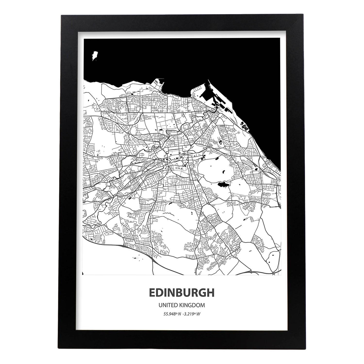 Poster con mapa de Edinburgh - Reino Unido. Láminas de ciudades de Reino Unido con mares y ríos en color negro.-Artwork-Nacnic-A3-Marco Negro-Nacnic Estudio SL