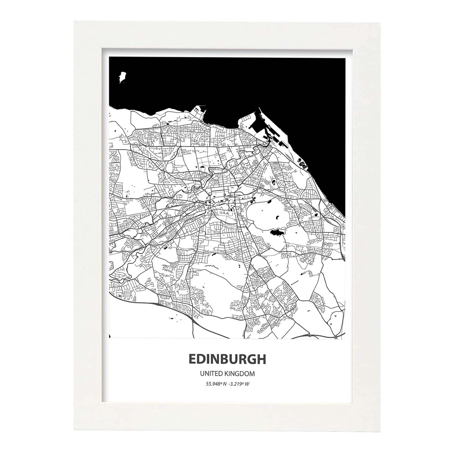 Poster con mapa de Edinburgh - Reino Unido. Láminas de ciudades de Reino Unido con mares y ríos en color negro.-Artwork-Nacnic-A4-Marco Blanco-Nacnic Estudio SL