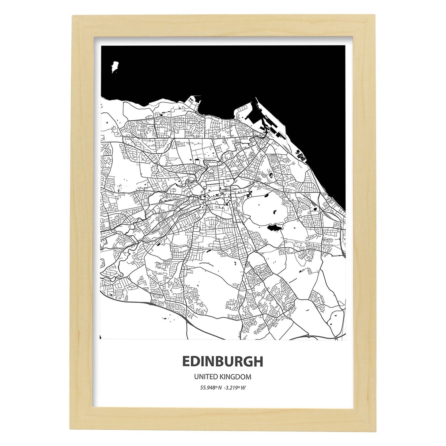 Poster con mapa de Edinburgh - Reino Unido. Láminas de ciudades de Reino Unido con mares y ríos en color negro.-Artwork-Nacnic-A4-Marco Madera clara-Nacnic Estudio SL