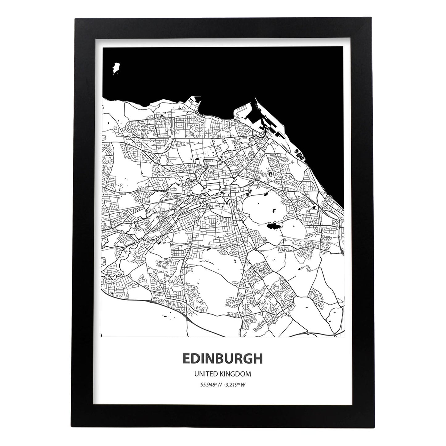 Poster con mapa de Edinburgh - Reino Unido. Láminas de ciudades de Reino Unido con mares y ríos en color negro.-Artwork-Nacnic-A4-Marco Negro-Nacnic Estudio SL