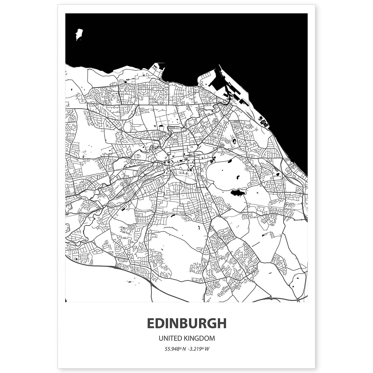 Poster con mapa de Edinburgh - Reino Unido. Láminas de ciudades de Reino Unido con mares y ríos en color negro.-Artwork-Nacnic-A4-Sin marco-Nacnic Estudio SL