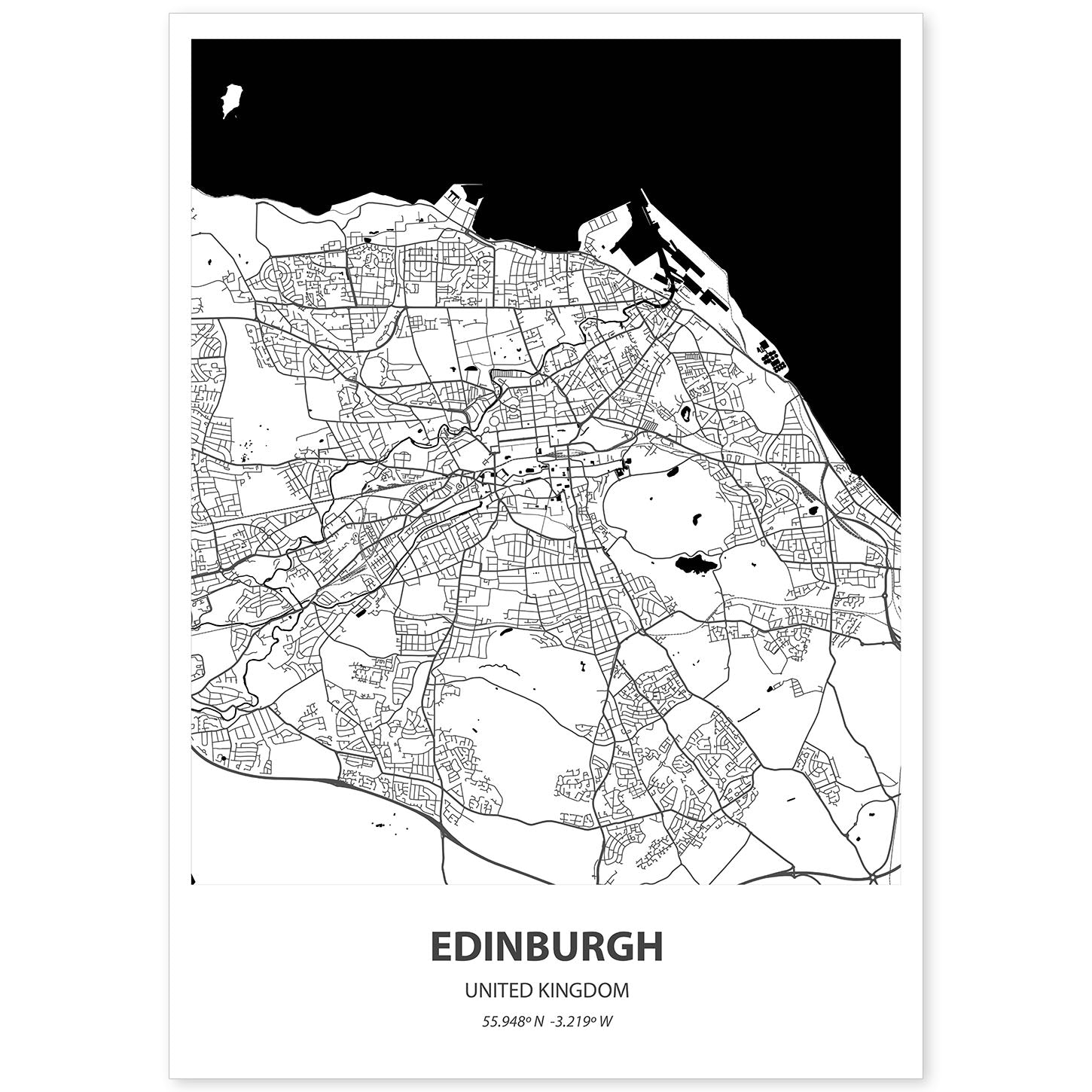 Poster con mapa de Edinburgh - Reino Unido. Láminas de ciudades de Reino Unido con mares y ríos en color negro.-Artwork-Nacnic-A4-Sin marco-Nacnic Estudio SL