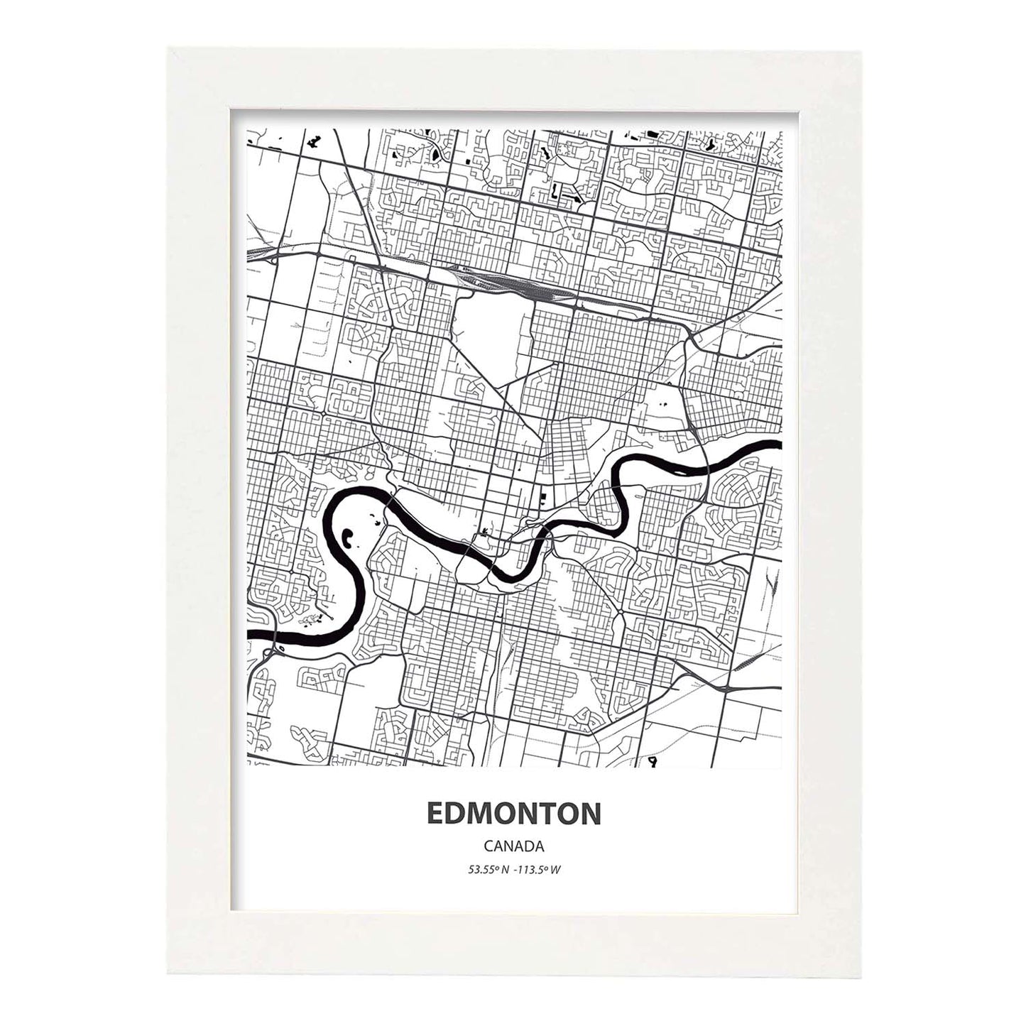 Poster con mapa de Edmonton - Canada. Láminas de ciudades de Canada con mares y ríos en color negro.-Artwork-Nacnic-A3-Marco Blanco-Nacnic Estudio SL