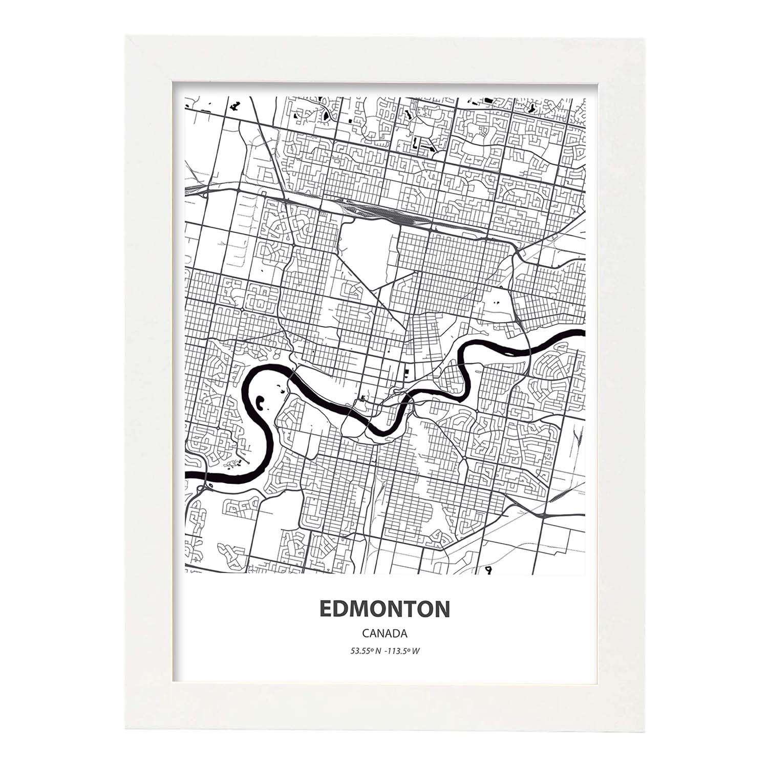Poster con mapa de Edmonton - Canada. Láminas de ciudades de Canada con mares y ríos en color negro.-Artwork-Nacnic-A3-Marco Blanco-Nacnic Estudio SL