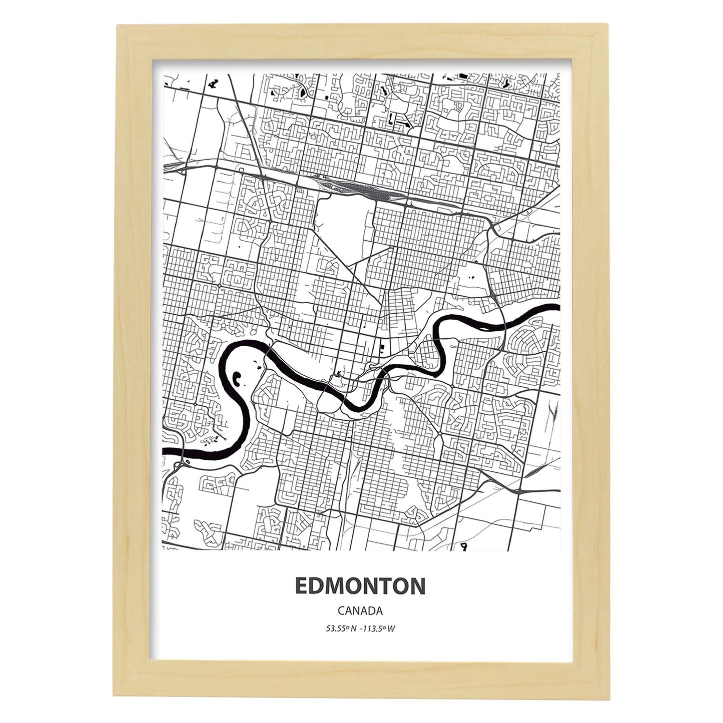 Poster con mapa de Edmonton - Canada. Láminas de ciudades de Canada con mares y ríos en color negro.-Artwork-Nacnic-A3-Marco Madera clara-Nacnic Estudio SL