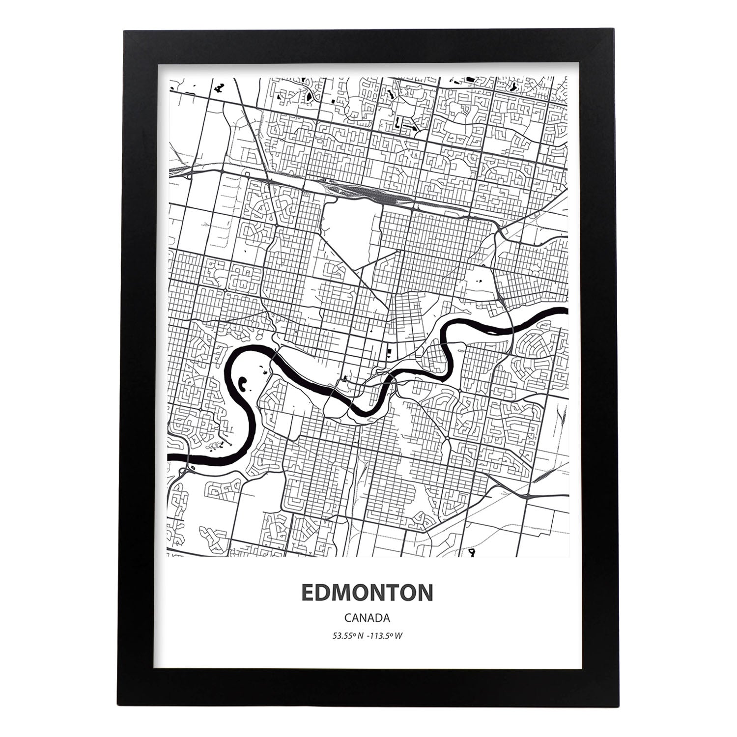 Poster con mapa de Edmonton - Canada. Láminas de ciudades de Canada con mares y ríos en color negro.-Artwork-Nacnic-A3-Marco Negro-Nacnic Estudio SL