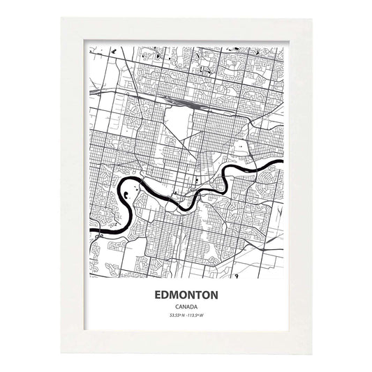 Poster con mapa de Edmonton - Canada. Láminas de ciudades de Canada con mares y ríos en color negro.-Artwork-Nacnic-A4-Marco Blanco-Nacnic Estudio SL